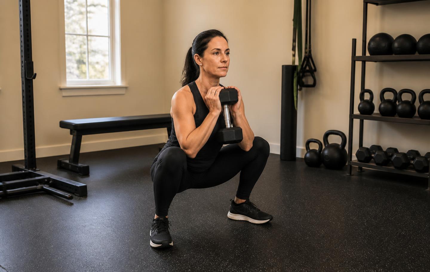 Mujer haciendo una sentadilla goblet con mancuerna en un estudio de entrenamiento