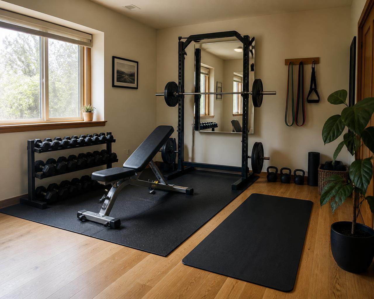 Estudio privado de entrenamiento en casa con mancuernas, banco y rack